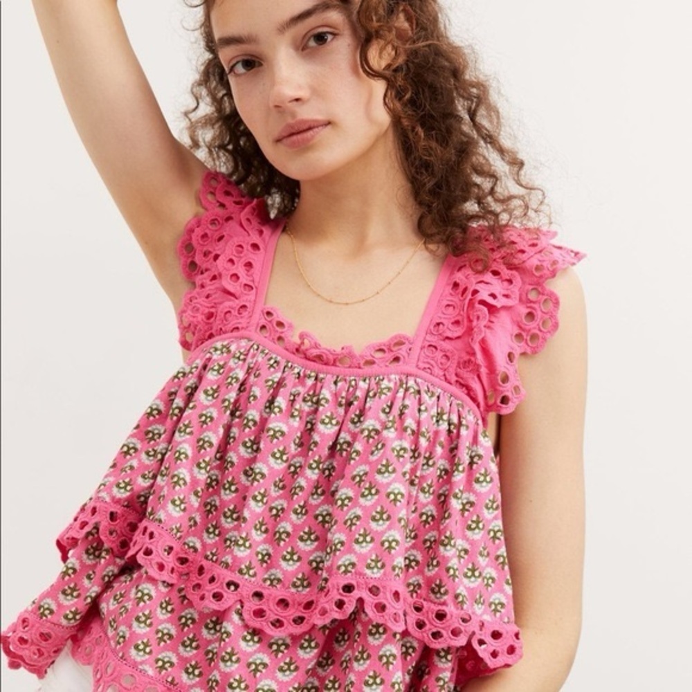 Anthropologie Pink Eyelet Lace Floral Top